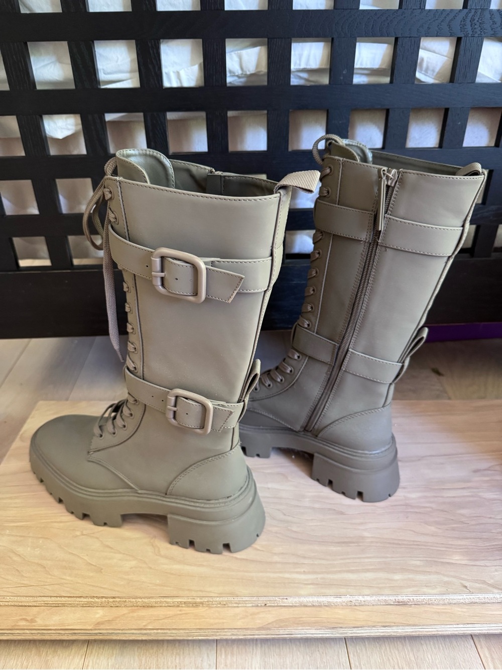 Zara Olive Green Tall Combat Boots with Buckles
